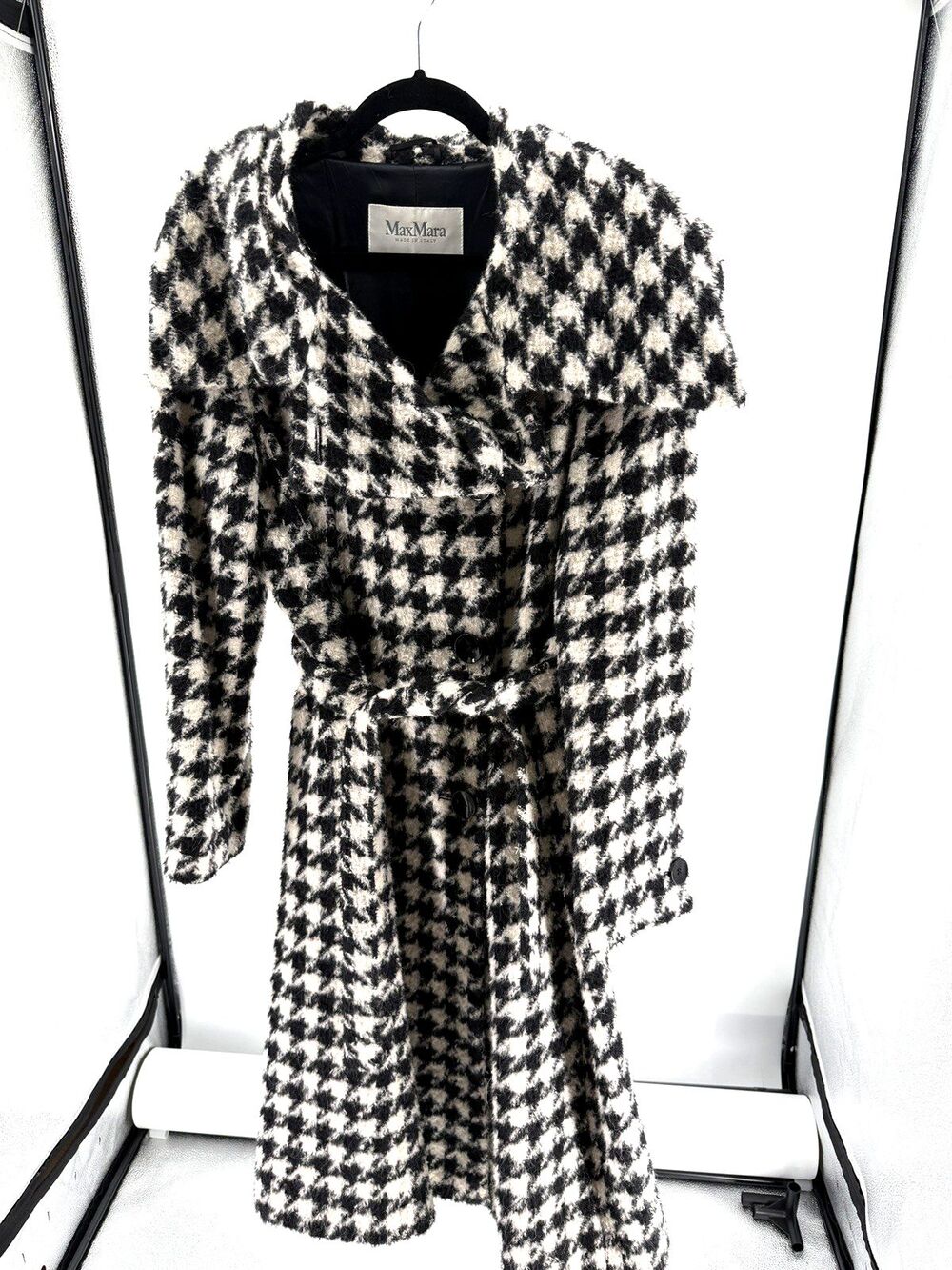 Max Mara Houndstooth Wool Alpaca Belted Coat Italy Black Ivory Size 8